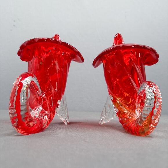 Set of 2 VTG Murano Sommerso Jack in Pulpit Cornucopia Red Clear Vase Japan 8" - Picture 3 of 16